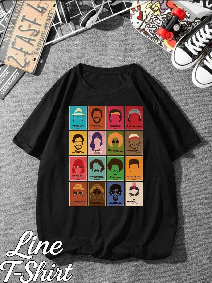 T-Shirt Featuring Classic Brazilian Singers, MPB (Brazilian Popular Music), Quotes From Raul Seixas, Rita , And Tim Maia. Unisex, Men's And Women's, 100% Cotton, Premium Top Quality, Streetwear, New Release, Immediate Shipping, Various Colors!! Plus Size. - 黑色 - 查看 1