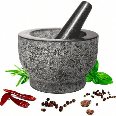 HiCoup Kitchen Tools Granite Mortar And Pestle - Natural Unpolished, Non-Porous, Suitable For Grinding Spices, Peppers, Dishwasher  Mortar And Pestle Set, 15.24 Cm