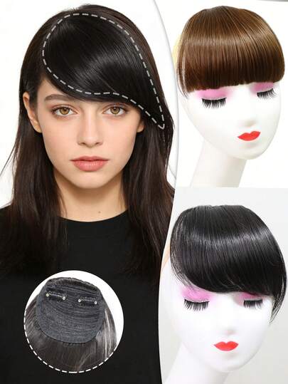 双夹式厚侧刘海假发 - 高温丝合成刘海，隐形牢固夹式设计，瞬间修饰脸型（黑色，1 件装）