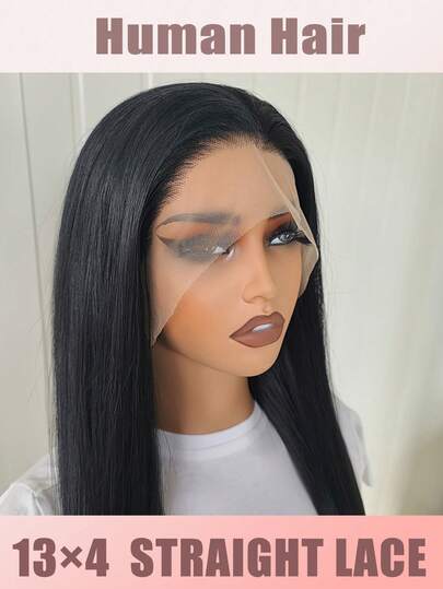 13x4 透明直发蕾丝前假发，无需胶水，即戴即走，真人发丝，预先拔毛，180% 密度，透明蕾丝前假发，女士真人发丝，预先拔毛，带婴儿发，女士即戴即用假发，无需胶水，直发真人发假发，自然色，逼真发际线，时尚发型，适合婚礼、约会、派对、度假、生日等场合，可作为送给父母和朋友的假发。（波波头假发，6-16 英寸）