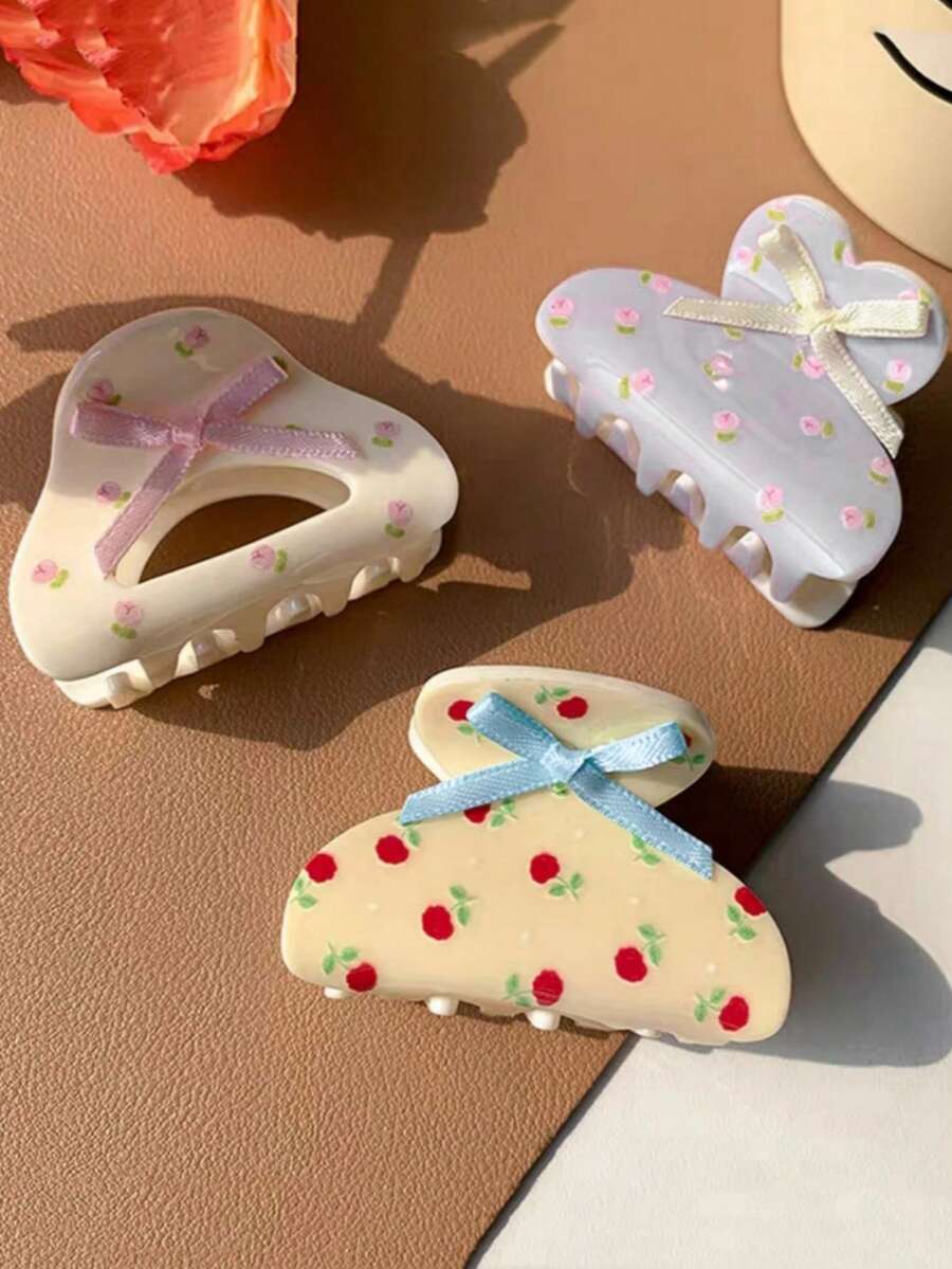 3pcs Cute, Sweet And Elegant Flower & Bow Hair Clips, Petite And Refined, Suitable For Daily Wear, Home, School, Beach, Work, Party, Holiday, Birthday, Back To School, Valentine's Day, Mother's Day, Wedding, Music Festival, All Seasons Summer Outfits Claw Clips Beach Accessories Vacay - Multicolor - View 1
