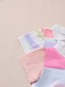 2件套女婴可爱时尚休闲短袖Polo领条纹拼接连衣裙+短袖花卉刺绣拼接连衣裙，春夏款 - 彩色 - 查看 5