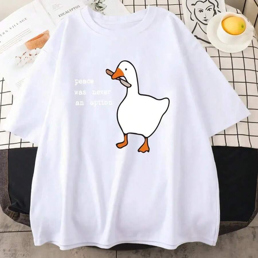 Camiseta de hombre con estampado "La paz nunca fue una opción", patos divertidos, camiseta de algodón de manga corta, tops casuales sueltos, camisetas de hombre, ropa de calle - Blanco - Ver 1