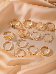 Juego de 13 anillos apilables multicomponentes, adecuado para fiestas de cumpleaños, salir con amigos, uso diario. La combinación de anillos apilados realza el aspecto estiloso general. - Dorado - Ver 2