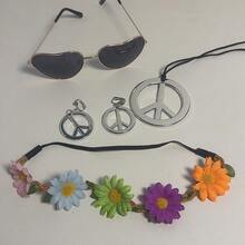 5pcs/Set Hippie Style Accessories Set: Peace Sign Necklace, Daisy Earrings, Flower Headband, Sunglasses, 60s Fashion Halloween - Blue - View 32