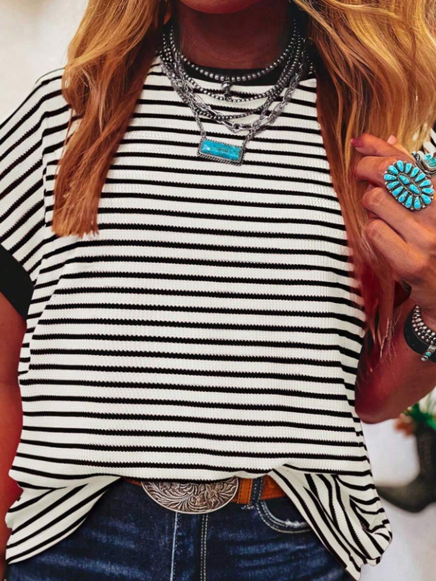 Summer Striped Contrasting Shoulder Short Sleeved Knitted Casual Round Neck T-Shirt For Women - Nhiều màu 1 - Xem 1