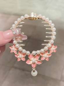 2 piezas Clips para el cabello con flecos y flores de perlas falsas, adecuados para peinados diarios y de fiesta, accesorios de moda para el cabello de mujer, pinza elegante para el cabello - Multicolor - Ver 3
