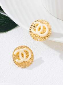 1 قطعة أقراط دائرية ذهبية معدنية مزدوجة الشكل الحرفي O، مجوهرات فاخرة هندسية للحفلات - أبيض - مشاهدة 7