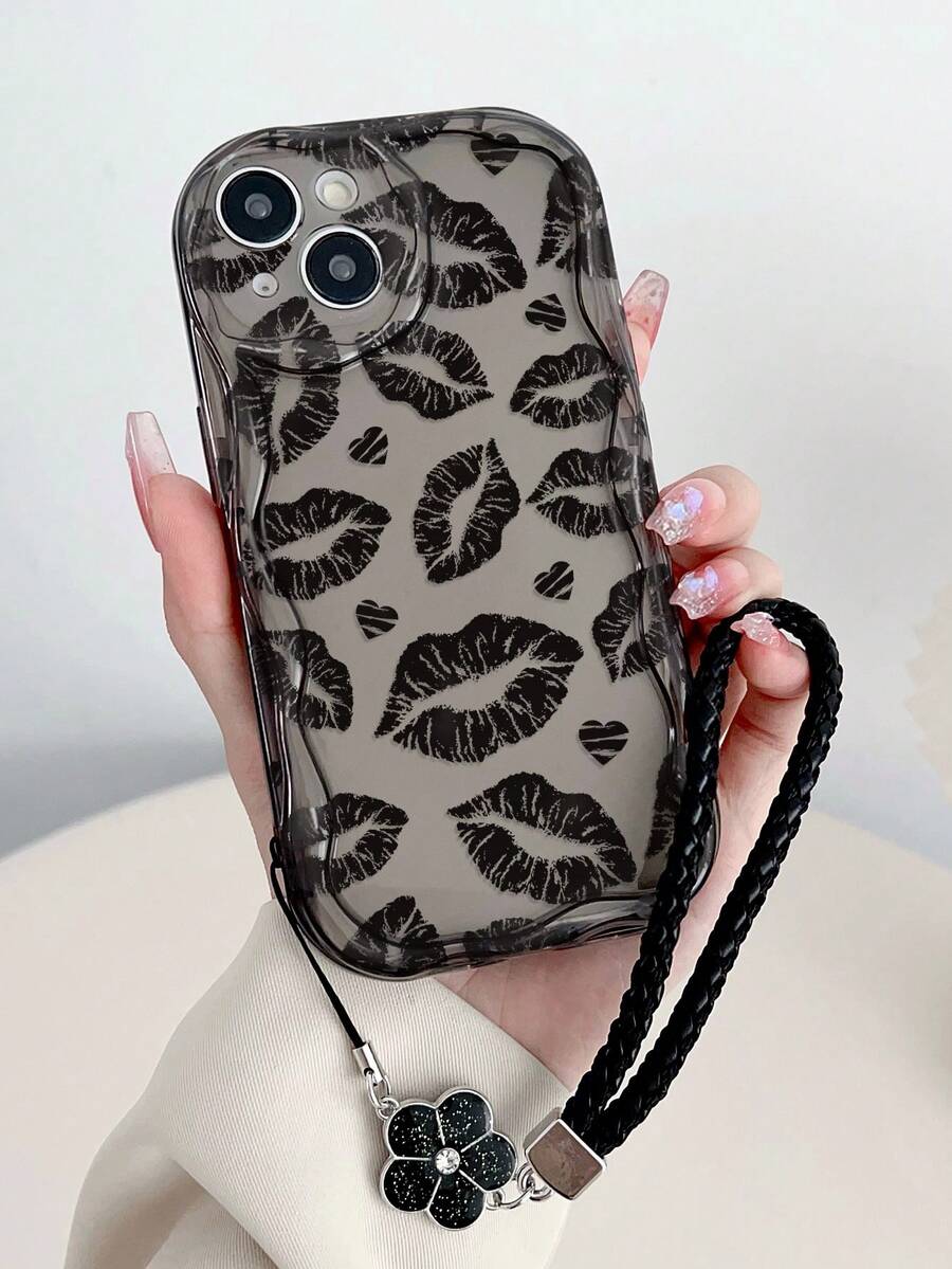 奶油质感透明黑色唇形爱心彩绘腕带防震手机壳，兼容 14、14 Pro、14 Pro Max、13、13 Pro、13 Pro Max、11、11 Pro Max、12、12 Pro、12 Pro Max、XR、XS、15、15 Pro、15 Pro Max、16、16 Pro、16 Pro Max、17、17 Pro、17 Air、17 Pro Max，高级防摔手机壳 - 彩色 - 查看 1