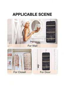 1PC Hanging Jewelry Storage Box With Roll-Up Strap Hooks And Metal Hooks Double-Sided Jewelry Rack For Wardrobes, Walls, And Doors Perfect For Earrings, Necklaces, And Rings , Makeup Room Decor,Travel Essential - Multicolor - View 6