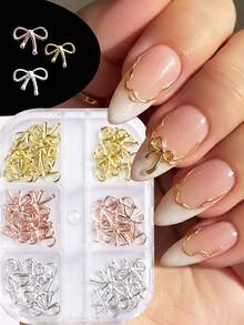 玫瑰金/金色/银色/镂空蝴蝶结美甲饰品 - 3D蝴蝶结美甲配件，闪亮水钻美甲配件，合金蝴蝶结3D金银蝴蝶结美甲配件，美甲装饰，美甲饰品 - 彩色 - 查看 2