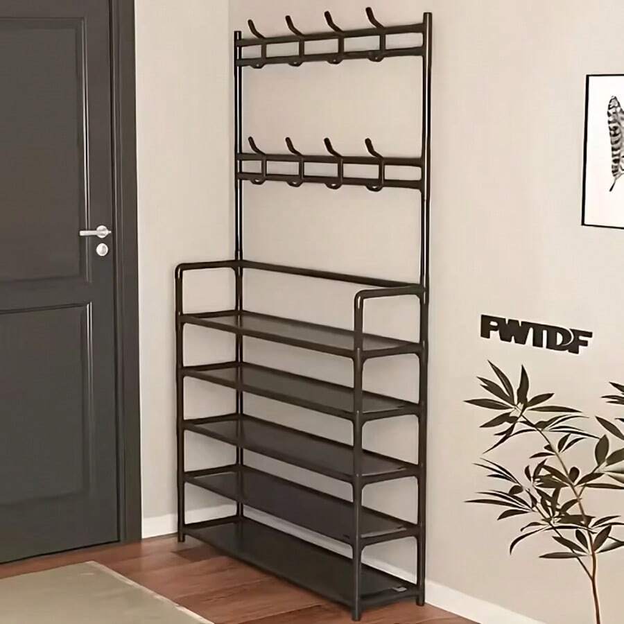Coat Rack, 5-Tier Multifunctional Metal Coat Rack With 8 Double Hooks - Space-Saving Storage Solution For Entryways, Living Rooms, Bathrooms And Hallways - Separate Entryway Shoe Rack For Ample Storage Space - Black - View 1