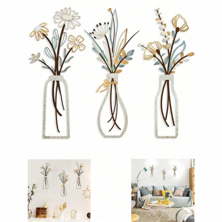 3 Pcs- Wall Sign Decoration,Metal Flowers Wall Arts , Minimalist Iron Flower Vase Wall Art, Metal Wire Decoration, Rustic Farmhouse Decor Beige Minimalist Flower Wall Decors For Living Room Bathroom Bedroom Dining Room-Housewarming Gifts Room Decor Bedroom Decor Home Decor - Nhiều màu - Xem 1