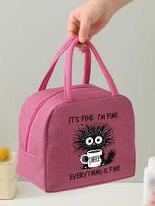 Thermal Bag, "It'S Fine I'm Fine Everything Is Fine" Graphic Print With Coffee Cup & Design ,Women'S Funny Coffee Lover ,With A Black Cutlery Storage Bag, A Double Pocket Lunch Box Bag, Large Capacity, Student Meal Insulated Refrigerated Bag - Multicolor - View 3