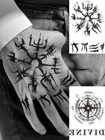 1 Sheet Y2K Totem Thorns Temporary Tattoos For Women Men Adults Hands Finger Foot Neck Clavicle Waist Legs Thigh Shoulder Ankles Forearm Shank Half Sleeve Arm Makeup, Semi-Permanent Temp Tattoo Waterproof Long Lasting Realistic Tatoos