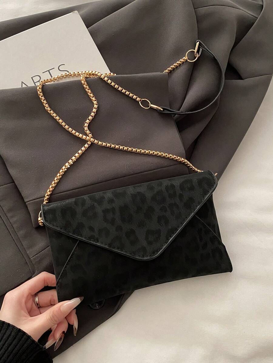 2026春季新款豹纹复古优雅休闲单肩斜挎信封方包女包 - 黑色 - 查看 1