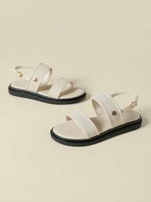 厚底女士搭扣凉鞋，撞色复古度假波西米亚风露趾设计，舒适厚底平底鞋，适合春夏季节，可搭配连衣裙、沙滩装，透气优雅 - 杏色 - 查看 3