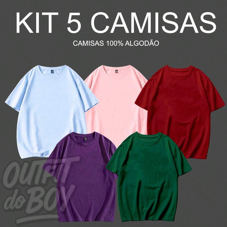 Set Of 5 Plain Basic Comfortable T-Shirts For Everyday Wear, Various Colors, Versatile, 100% Cotton 30.1 Streetwear!! Men's Basic Premium Casual Spring Summer - 紫-綠-淺藍-粉-紅 - 查看 1