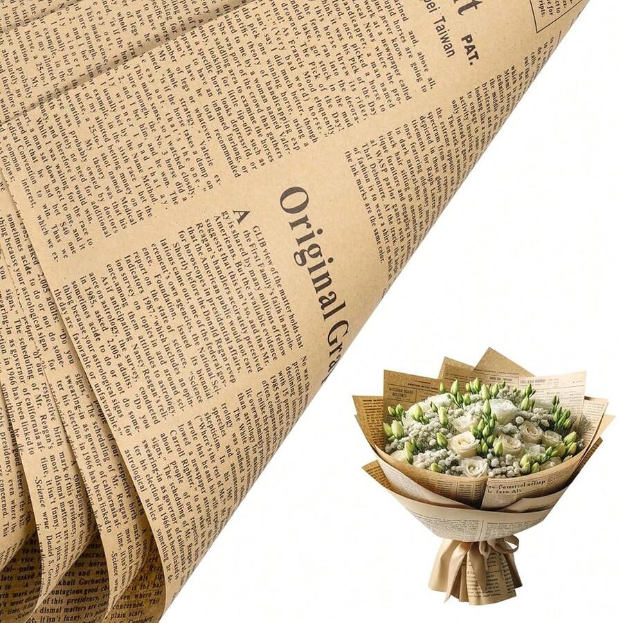 20 Sheets Kraft Newspaper Flower Wrapping Paper, Reversible Floral Bouquet Paper, Black Font Kraft Newsprint Design For Birthday, Florist Supply, Wedding, Valentine's Day, Mother's Day And DIY - Black - 查看 1