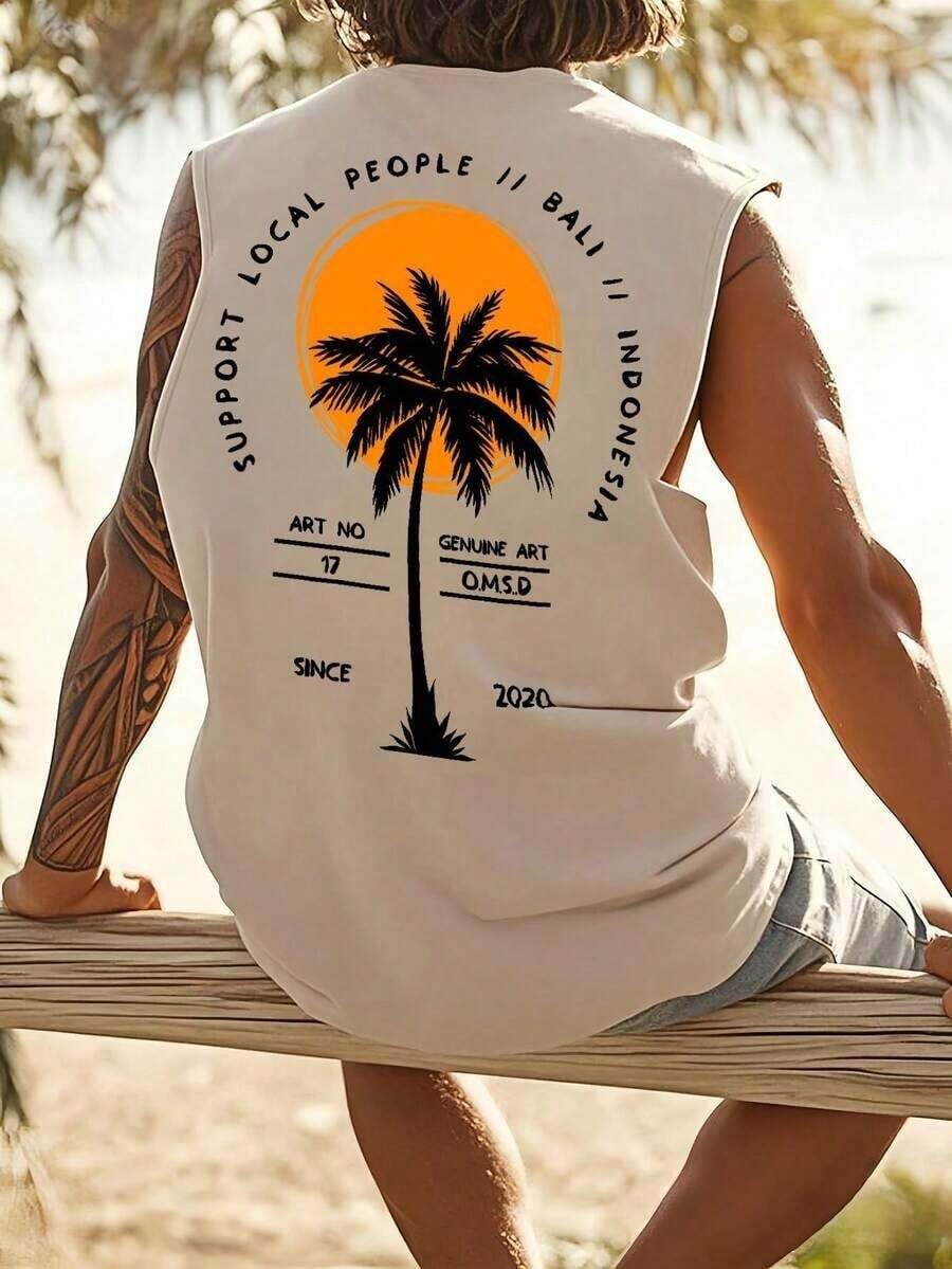 Lightweight And Breathable Men's T-Shirt - Sleeveless Tank Top With Orange Tropical Print (Local People Party), Breathable Fabric For Gym, Beach And Summer - Machine Washable Workout Clothes, Sports Shirts - 米色 - 查看 1