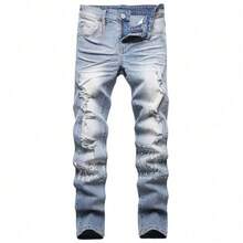 Trajes callejeros de moda Jeans para hombre Pantalones de mezclilla con agujeros perforados de color morado Pantalones ajustados ajustados cómodos Pantalones informales de moda vintage para hombre - Neblina azul - Ver 6