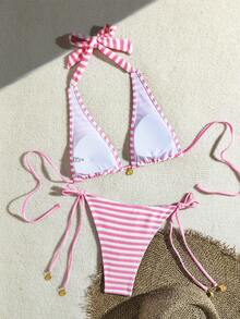 wohenmeili Set Bikini Halter Bergaris untuk Liburan Musim Panas di Pantai - Garis-garis merah muda dan putih - View 6
