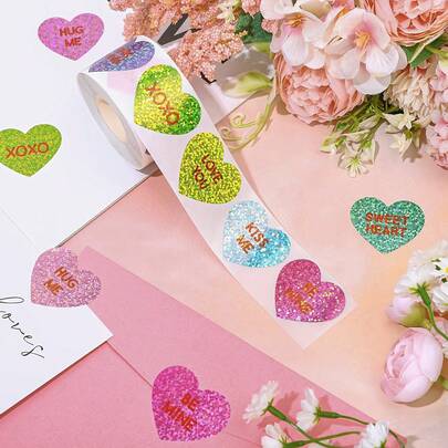 500 st. klistermärken med laserkonversationshjärtmotiv för alla hjärtans dag | Färgglada, självhäftande dekaler, polyetentereftalat, engångsbruk för kuvert, dagboksdekor, festtillbehör