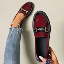 女士黑红撞色真皮一脚蹬乐福鞋，轻便透气，粗跟设计，撞色拼接，金属搭扣装饰，休闲牛津鞋，亮面漆皮，春秋款 - 黑紅色 - 查看 12