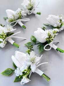 1支/6支装人造PU郁金香新郎胸花男士兄弟腕花毕业别针西装婚礼鲜花派对装饰 - 白色 - 查看 3