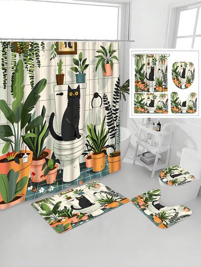 1/4pcs Green Plant & Cat Shower Curtain, Floral Potted Plant & Leaf Cartoon, Modern Stylish Household Polyester Fabric Bathtub Divider Bathroom Decor Curtain With Hooks