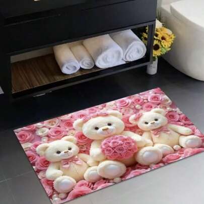 1件装长方形门垫，饰有3只小熊图案，粉色玫瑰地毯，欢迎垫，地毯，地垫，户外门垫，厨房地毯，家居装饰，前门垫，小地毯，户外垫，家居装饰，区域地毯，花园地毯，可水洗地毯
