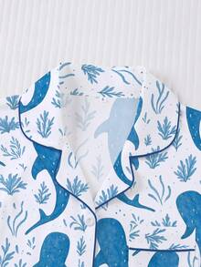 Marira 2pcs Wearable Women Pajama Set, Ocean Plant & Shark Print, Soft Fabric, Short Sleeve Shirt Collar Button Top And Elastic Shorts, Fashionable Sleepwear For Holiday Party, Casual Outdoor & Indoor Wear For Women - 彩色 - 查看 3