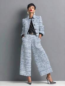 Nuevo traje de mujer con cuello solapa ajustado estilo europeo y americano chaqueta corta de manga larga con pantalones anchos conjunto elegante y moderno - Lavado ligero - Ver 1