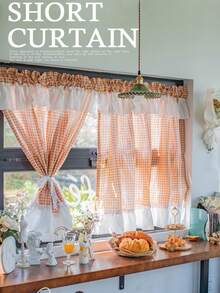 1件法式荷叶边格子韩式小窗帘，田园风格经典多色半遮光卧室窗帘隔断，适合日常装饰和节日使用 - 彩色 - 查看 3