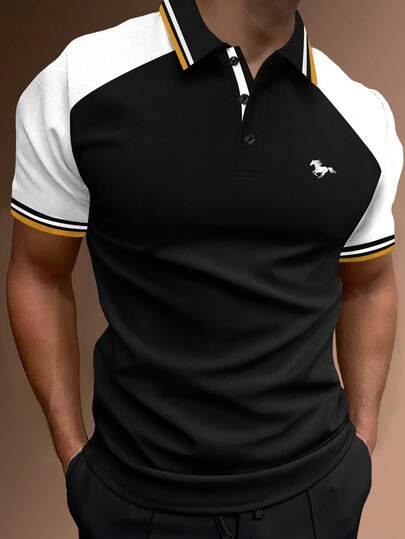 1pc New Men's Light Business Casual Polo Shirt, Black & White Color Block With Striped Collar, Horse Embroidery Logo, Breathable Pique Fabric, Suitable For Daily Commute And Leisure Wear