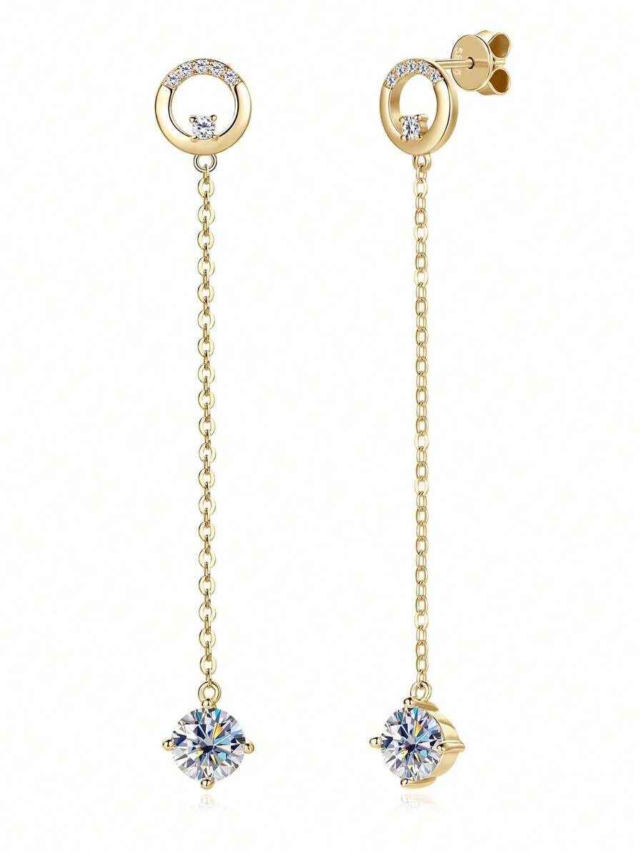 XUJIA 1对925纯银莫桑石耳环，6.5毫米*2颗莫桑石水滴形吊坠耳环，闪亮结婚周年纪念礼物，女士新娘首饰 - 金黃色 - 查看 1