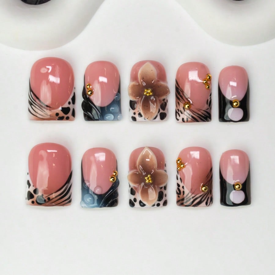 10pcs/Set Handmade Square Nail Tips, Y2K Baddie Style, Nude, Brown, Black Color With French Edge, Zebra, Leopard, Embossed, Cream Texture, Rivet Design, Suitable For Women And Girls, Party, Daily Wear, Comes With Tool Kit, Great Gift For Ladies Nails Nail Supplies Handmade Press On Nails