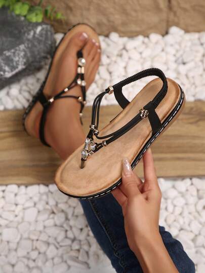 平底凉鞋，撞色PU皮人字拖，夏季