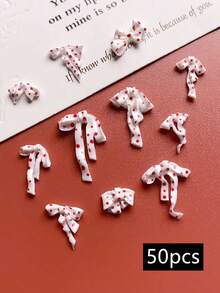 10/50件装情人节美甲软雕红色波点蝴蝶结设计美甲装饰，DIY，日式立体丝带美甲配件，美甲产品，多种款式可选，美甲饰品，适合约会、节日装饰美甲产品