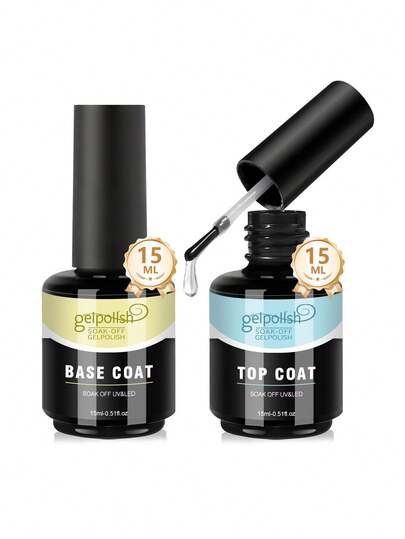 2pcs/Set 15ml Gel Base Coat And Top Coat - No Wipe Glossy Nail Polish Remover Base Coat And Top Coat, Long-Lasting, Suitable For Gel Nail Polish, Used With LED UV Lamp, Salon-Grade Manicure Gift