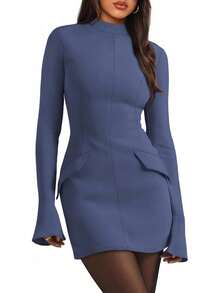 Mock Neck Bodycon Dress For Fall - Women's Long Sleeve Mini Dress, Versatile For Party & Evening - Blue - View 2