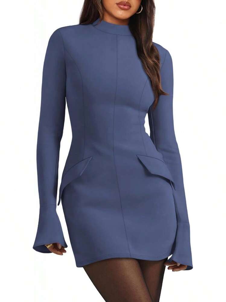 Mock Neck Bodycon Dress For Fall - Women's Long Sleeve Mini Dress, Versatile For Party & Evening - Màu xanh lam - Xem 1