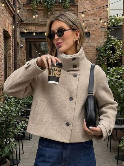 Abrigos cortos para mujer, abrigos de mujer elegantes de manga larga con cuello alto y botones, chaqueta bomber para salir en otoño e invierno, abrigos cortos y elegantes para mujer, ropa de calle chic