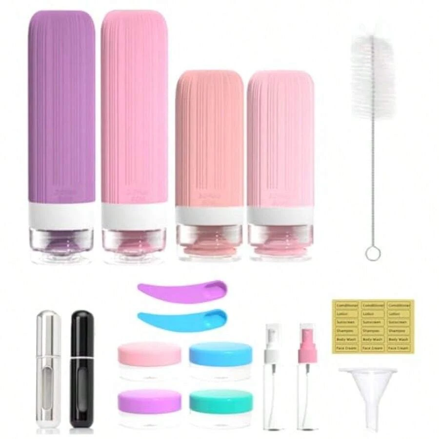 Juego De Botellas De Viaje De 18 Piezas De Silicona De 60/90 Ml Con Bolsa TransparenteKit Viaje Aprobado por TSA Sin BPA y a Prueba de Fugas Rosa - Rosa - Ver 1