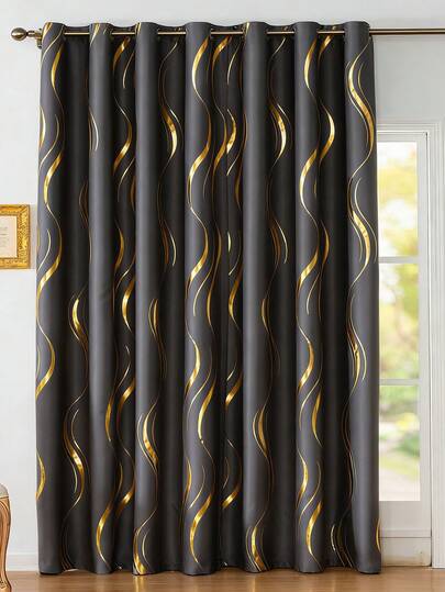 1pc Elegant Soft High-Precision Foil Wave Textured Curtain, Thermal Insulation Eyelet Top Design Blackout Curtain, Suitable For Bedroom/Living Room/Home Decor, Luxurious Gold Curtain
