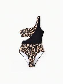 Traje de baño de una pieza con un hombro y recorte en la cintura con panel de estampado de leopardo, o shorts de traje de baño a juego para toda la familia - Negro - Ver 3