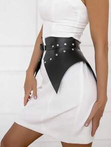 Women Fashion PU Leather Corset Belt, Punk Plain Wide Belt, Gothic Wide Peplum Waist Cincher Belt,Waist Peplum Belt, Corset Belt Skirt Street Style Daily Outfit. - 黑色 - 查看 5