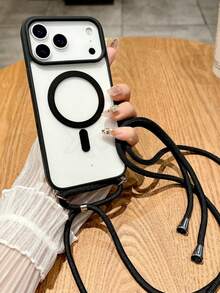 奢华斜挎项链挂绳透明磁吸无线充电手机壳,兼容 17 Pro Max、17 Pro、17 Air、17、16、15、14、13 Pro Max,玻璃保护软壳 - 黑色 - 查看 3