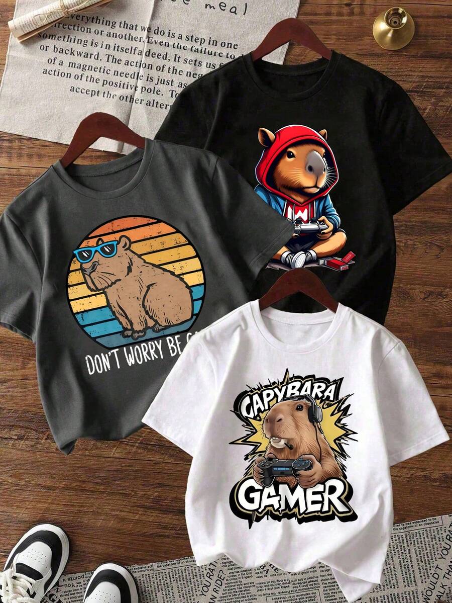 3件装男童卡通图案印花圆领短袖T恤，夏季上衣 - 彩色 - 查看 1