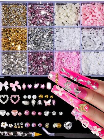 3D 10000pcs Nail Charms And Gems 15 Styles Chunky Butterfly Charms + 3D Acrylic Flowers Butterfly Crystals Nail Charms Kit,Colorful Blossom Studs With Pearls Caviar Beads,Metal Alloy Gold Silver Butterflies Rhinestones For DIY Nail Art Decorations Nail Supplies